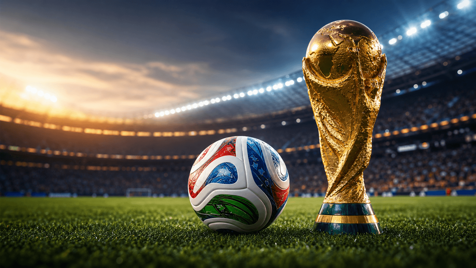 Ambiente de partido del Mundial 2026 con estadio y aficionados